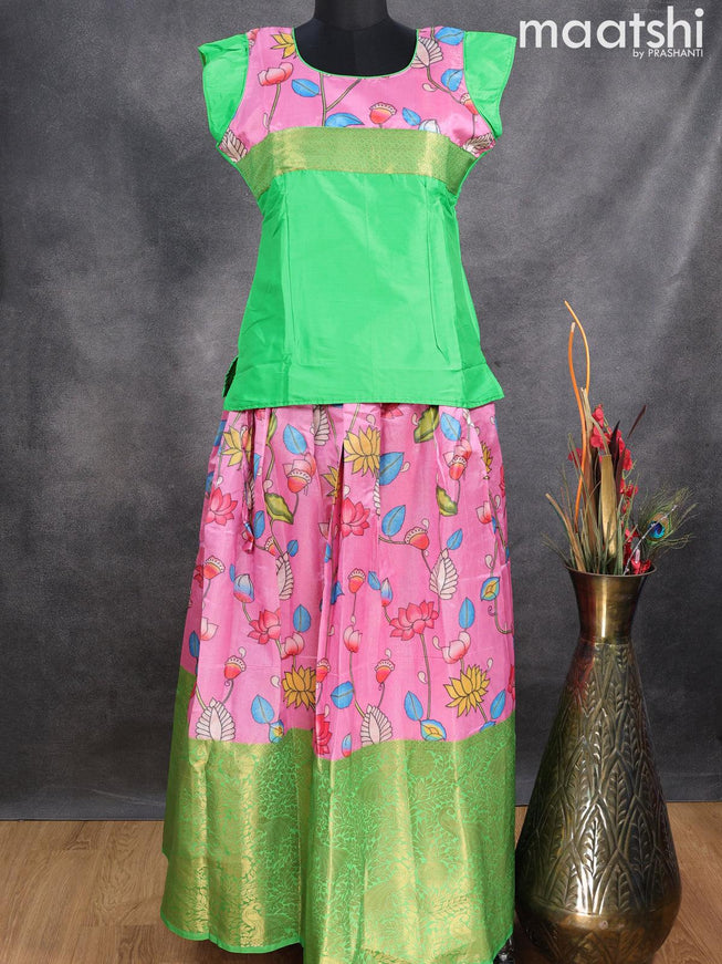 Raw silk readymade kids lehenga green and light pink with patch work neck pattern and kalamkari prints & zari woven border for 15 years - {{ collection.title }} by Prashanti Sarees