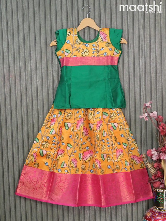 Raw silk readymade kids lehenga green and mango yellow with patch work neck pattern and kalamkari prints & long zari woven border for 7 years - {{ collection.title }} by Prashanti Sarees