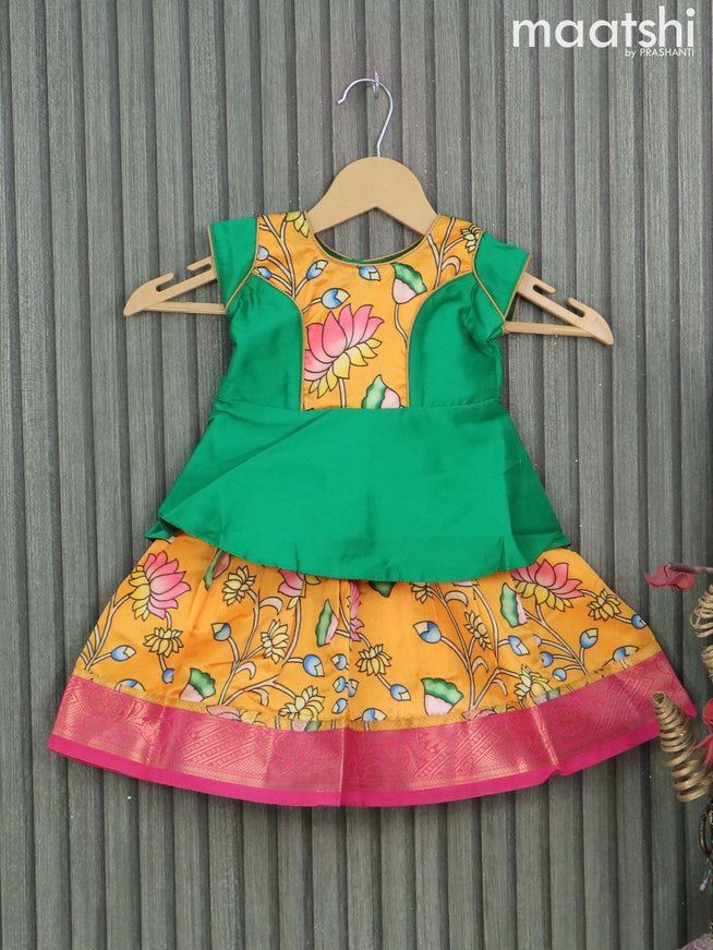 Raw silk readymade kids lehenga green and mango yellow with patch work neck pattern and kalamkari prints & zari woven border for 0-6 months - {{ collection.title }} by Prashanti Sarees