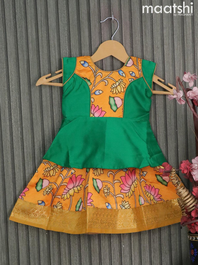 Raw silk readymade kids lehenga green and mango yellow with patch work neck pattern and kalamkari prints & zari woven border for 0-6 months - {{ collection.title }} by Prashanti Sarees