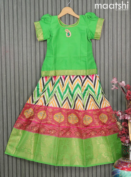 Raw silk readymade kids lehenga green and multi colour with simple neck pattern and zig zag prints & long zari woven border for 8 years - {{ collection.title }} by Prashanti Sarees