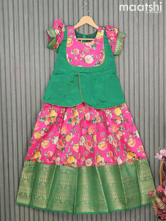 Raw silk readymade kids lehenga green and pink with patch work neck pattern and floral prints & long zari woven border for 10 years - {{ collection.title }} by Prashanti Sarees