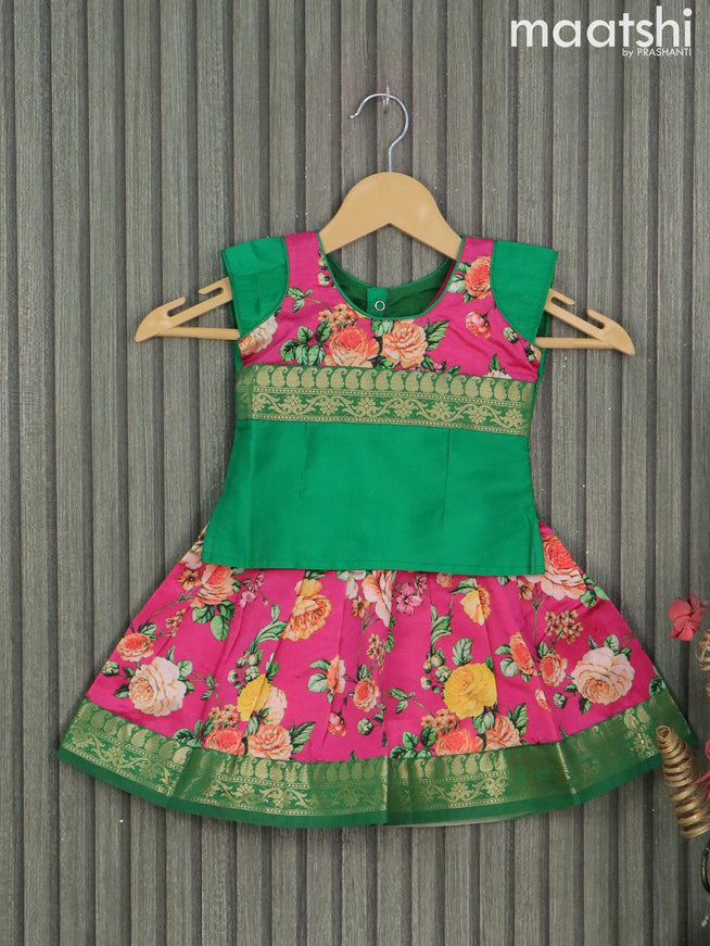 Raw silk readymade kids lehenga green and pink with patch work neck pattern and floral prints & zari woven border for 0-6 months - {{ collection.title }} by Prashanti Sarees