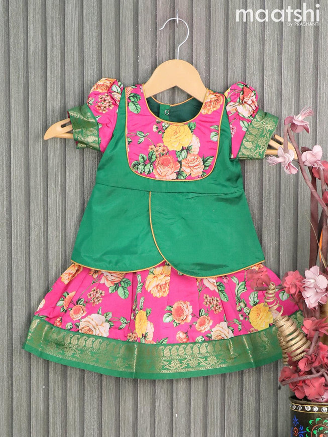 Raw silk readymade kids lehenga green and pink with patch work neck pattern and floral prints & zari woven border for 0-6 months - {{ collection.title }} by Prashanti Sarees