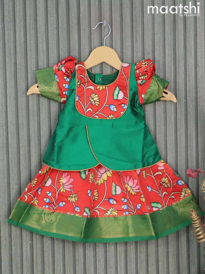 Raw silk readymade kids lehenga green and red with patch work neck pattern and kalamkari prints & zari woven border for 0-6 months - {{ collection.title }} by Prashanti Sarees