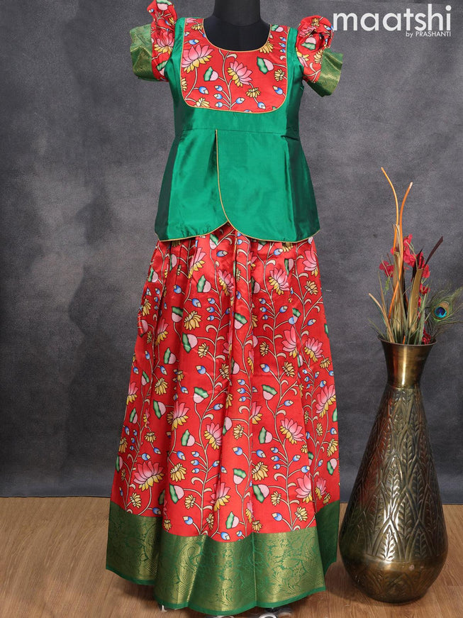 Raw silk readymade kids lehenga green and red with patch work neck pattern and kalamkari prints & zari woven border for 13 years - {{ collection.title }} by Prashanti Sarees