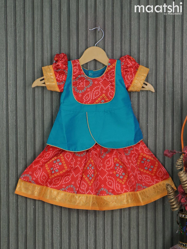 Raw silk readymade kids lehenga light blue and red with patch work neck pattern and kalamkari prints & zari woven border for 0-6 months - {{ collection.title }} by Prashanti Sarees