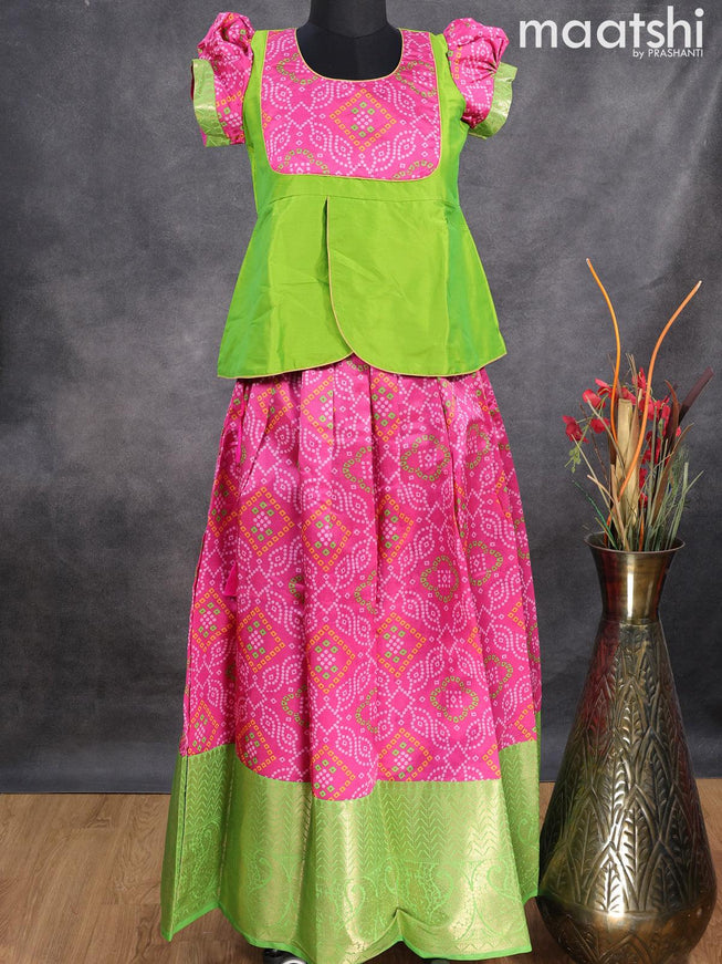 Raw silk readymade kids lehenga light green and pink with patch work neck pattern and bandhani prints & long zari woven border for 12 years - {{ collection.title }} by Prashanti Sarees