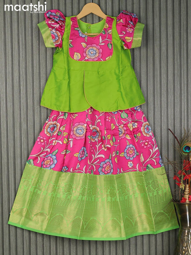 Raw silk readymade kids lehenga light green and pink with patch work neck pattern and kalamkari prints & long zari woven border for 7 years - {{ collection.title }} by Prashanti Sarees