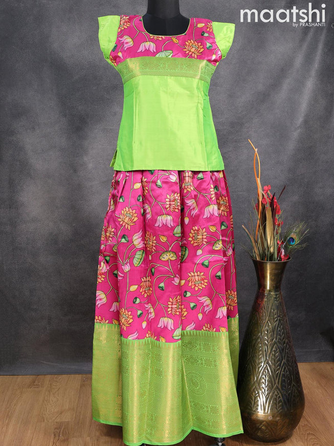 Raw silk readymade kids lehenga light green and pink with patch work neck pattern and kalamkari prints & zari woven border for 14 years - {{ collection.title }} by Prashanti Sarees