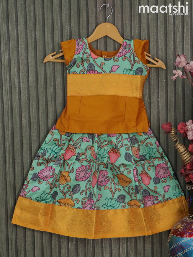 Raw silk readymade kids lehenga mustard yellow and teal green shade with patch work neck pattern and kalamkari prints & zari woven border for 2 years - {{ collection.title }} by Prashanti Sarees