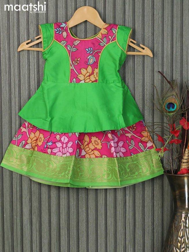 Raw silk readymade kids lehenga parrot green and pink with patch work neck pattern and kalamkari prints & zari woven border for 0-6 months - {{ collection.title }} by Prashanti Sarees