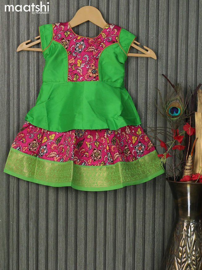 Raw silk readymade kids lehenga parrot green and pink with patch work neck pattern and kalamkari prints & zari woven border for 0-6 months - {{ collection.title }} by Prashanti Sarees