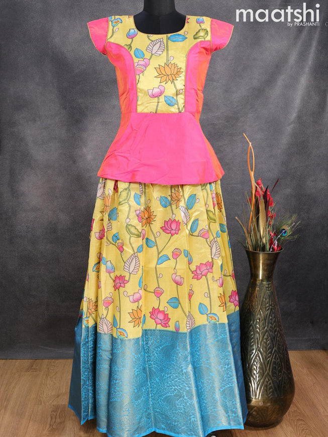 Raw silk readymade kids lehenga pink and yellow with patch work neck pattern and kalamkari prints & long zari woven border for 15 years - {{ collection.title }} by Prashanti Sarees