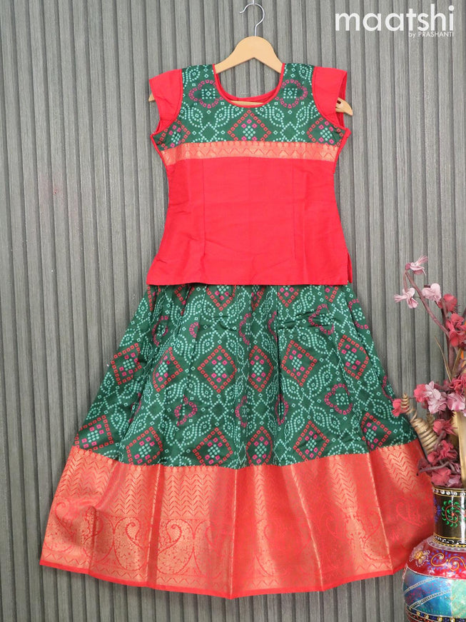 Raw silk readymade kids lehenga red and bottle green with patch work neck pattern and bandhani prints & long zari woven border for 9 years - {{ collection.title }} by Prashanti Sarees