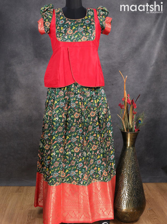 Raw silk readymade kids lehenga red and bottle green with patch work neck pattern and kalamkari prints & long zari woven border for 14 years - {{ collection.title }} by Prashanti Sarees