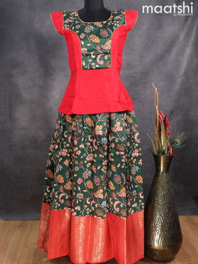 Raw silk readymade kids lehenga red and bottle green with patch work neck pattern and kalamkari prints & long zari woven border for 15 years - {{ collection.title }} by Prashanti Sarees