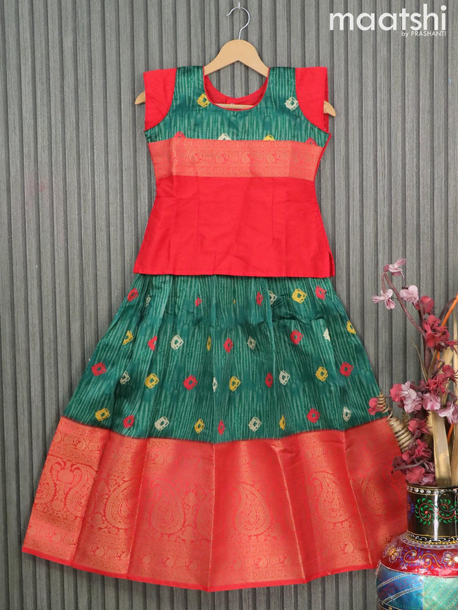 Raw silk readymade kids lehenga red and bottle green with patch work neck pattern and kalamkari prints & long zari woven border for 9 years - {{ collection.title }} by Prashanti Sarees