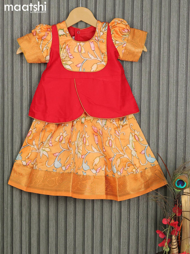 Raw silk readymade kids lehenga red and orange with patch work neck pattern and kalamkari prints & zari woven border for 1 year - {{ collection.title }} by Prashanti Sarees