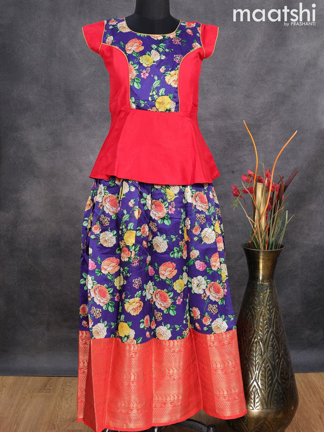 Raw silk readymade kids lehenga red and violet with patch work neck pattern and kalamkari prints & long zari woven border for 12 years - {{ collection.title }} by Prashanti Sarees