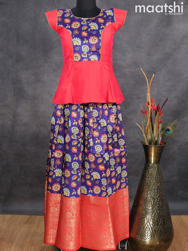 Raw silk readymade kids lehenga red and violet with patch work neck pattern and kalamkari prints & zari woven border for 12 years - {{ collection.title }} by Prashanti Sarees