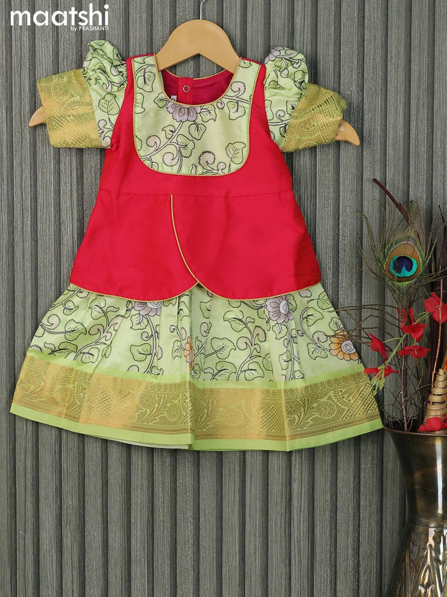 Raw silk readymade kids lehenga reddish pink and pista green with patch work neck pattern and kalamkari prints & zari woven border for 0-6 months - {{ collection.title }} by Prashanti Sarees