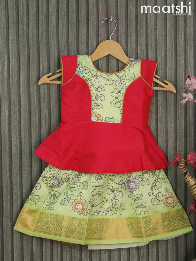 Raw silk readymade kids lehenga reddish pink and pista green with patch work neck pattern and kalamkari prints & zari woven border for 1 year - {{ collection.title }} by Prashanti Sarees