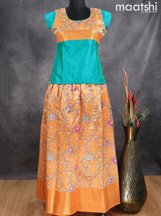 Raw silk readymade kids lehenga teal green and orange shade with patch work neck pattern and kalamkari prints & zari woven border for 14 years - {{ collection.title }} by Prashanti Sarees