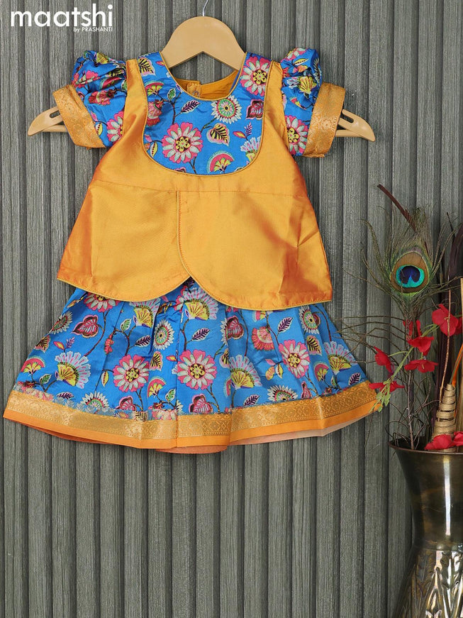 Raw silk readymade kids lehenga yellow and cs blue with patch work neck pattern and kalamkari prints & zari woven border for 0-6 months - {{ collection.title }} by Prashanti Sarees