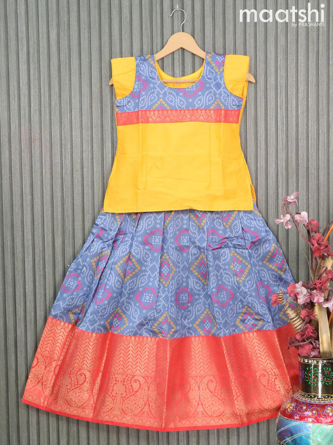 Raw silk readymade kids lehenga yellow and grey with patch work neck pattern and bandhani prints & long zari woven border for 9 years - {{ collection.title }} by Prashanti Sarees