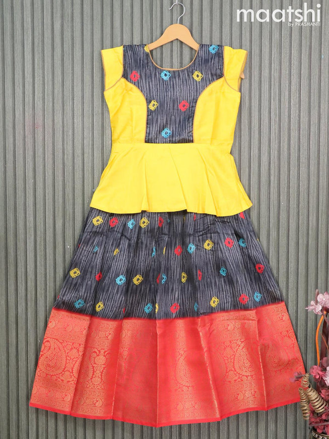 Raw silk readymade kids lehenga yellow and grey with patch work neck pattern and batik prints & long zari woven border for 10 years - {{ collection.title }} by Prashanti Sarees