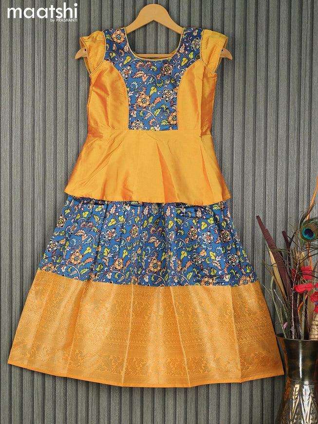 Raw silk readymade kids lehenga yellow and peacock blue with patch work neck pattern and kalamkari prints & long zari woven border for 7 years - {{ collection.title }} by Prashanti Sarees