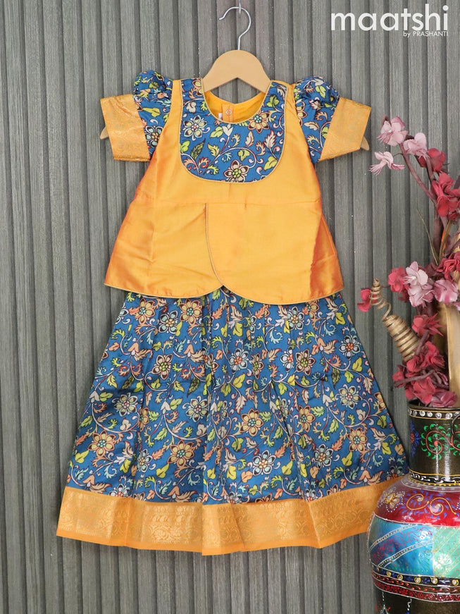 Raw silk readymade kids lehenga yellow and peacock blue with patch work neck pattern and kalamkari prints & zari woven border for 3 years - {{ collection.title }} by Prashanti Sarees