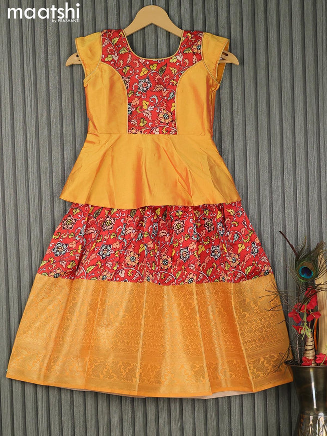 Raw silk readymade kids lehenga yellow and red with patch work neck pattern and kalamkari prints & long zari woven border for 6 years - {{ collection.title }} by Prashanti Sarees