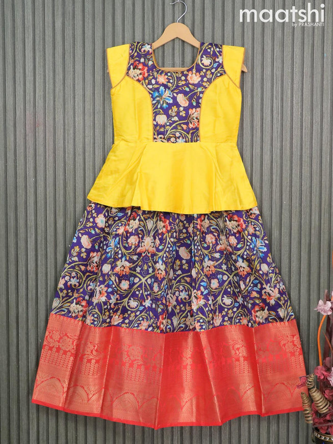 Raw silk readymade kids lehenga yellow and violet with patch work neck pattern and kalamkari prints & long zari woven border for 10 years - {{ collection.title }} by Prashanti Sarees