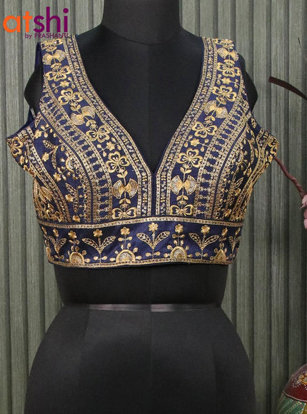 Readymade raw silk sleeveless blouse navy blue with embroidery work & v shape neck pattern and back open - {{ collection.title }} by Prashanti Sarees