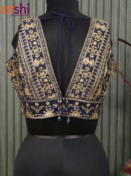 Readymade raw silk sleeveless blouse navy blue with embroidery work & v shape neck pattern and back open - {{ collection.title }} by Prashanti Sarees