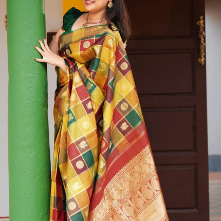 Sa - Pure kanjivaram paalum pazhamum zari checks silk saree multicolour and maroon with zari woven annam and mayil chakaram buttas and rich zari woven bavanji border - {{ collection.title }} by Prashanti Sarees