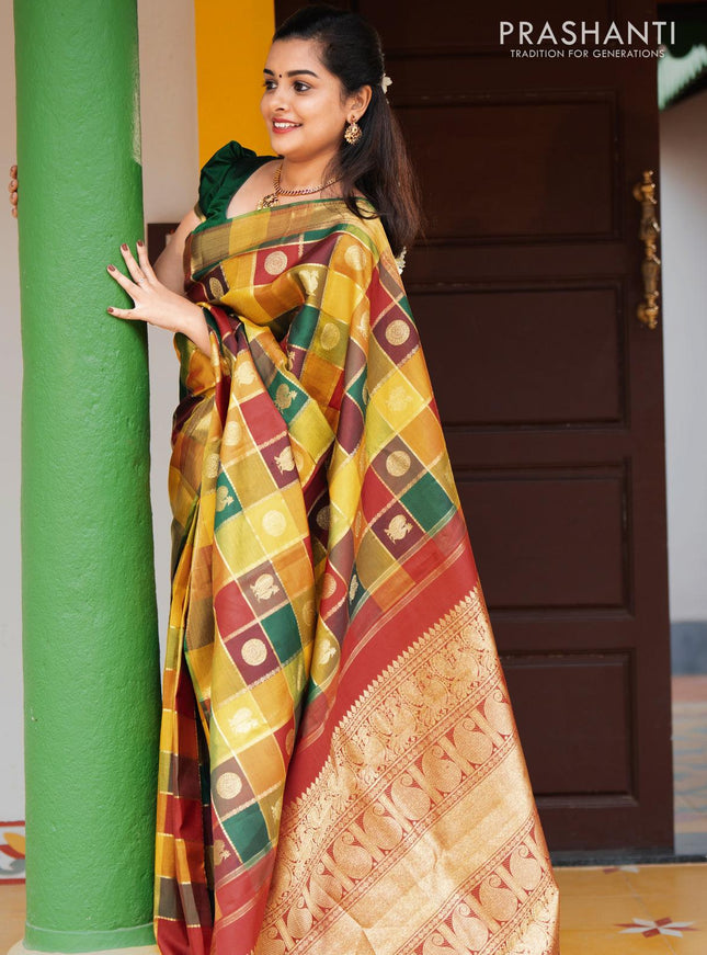 Sa - Pure kanjivaram paalum pazhamum zari checks silk saree multicolour and maroon with zari woven annam and mayil chakaram buttas and rich zari woven bavanji border - {{ collection.title }} by Prashanti Sarees