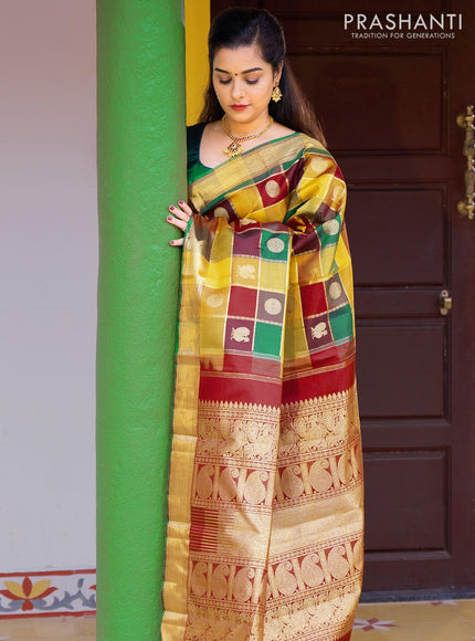 Sa - Pure kanjivaram paalum pazhamum zari checks silk saree multicolour and maroon with zari woven annam and mayil chakaram buttas and rich zari woven bavanji border - {{ collection.title }} by Prashanti Sarees