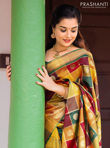 Sa - Pure kanjivaram paalum pazhamum zari checks silk saree multicolour and maroon with zari woven annam and mayil chakaram buttas and rich zari woven bavanji border - {{ collection.title }} by Prashanti Sarees