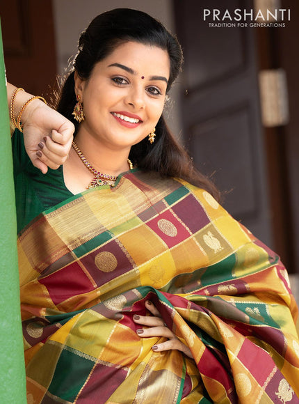 Sa - Pure kanjivaram paalum pazhamum zari checks silk saree multicolour and maroon with zari woven annam and mayil chakaram buttas and rich zari woven bavanji border - {{ collection.title }} by Prashanti Sarees