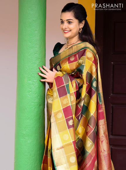 Sa - Pure kanjivaram paalum pazhamum zari checks silk saree multicolour and maroon with zari woven annam and mayil chakaram buttas and rich zari woven bavanji border - {{ collection.title }} by Prashanti Sarees