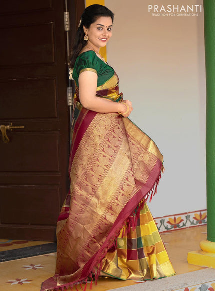 Sa - Pure kanjivaram paalum pazhamum zari checks silk saree multicolour and maroon with zari woven annam and mayil chakaram buttas and rich zari woven bavanji border - {{ collection.title }} by Prashanti Sarees