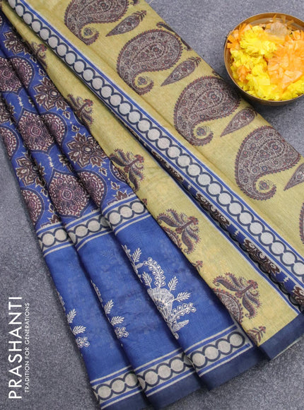 Semi chanderi saree blue and yellow with allover ajrakh prints and embroidery butta border - {{ collection.title }} by Prashanti Sarees