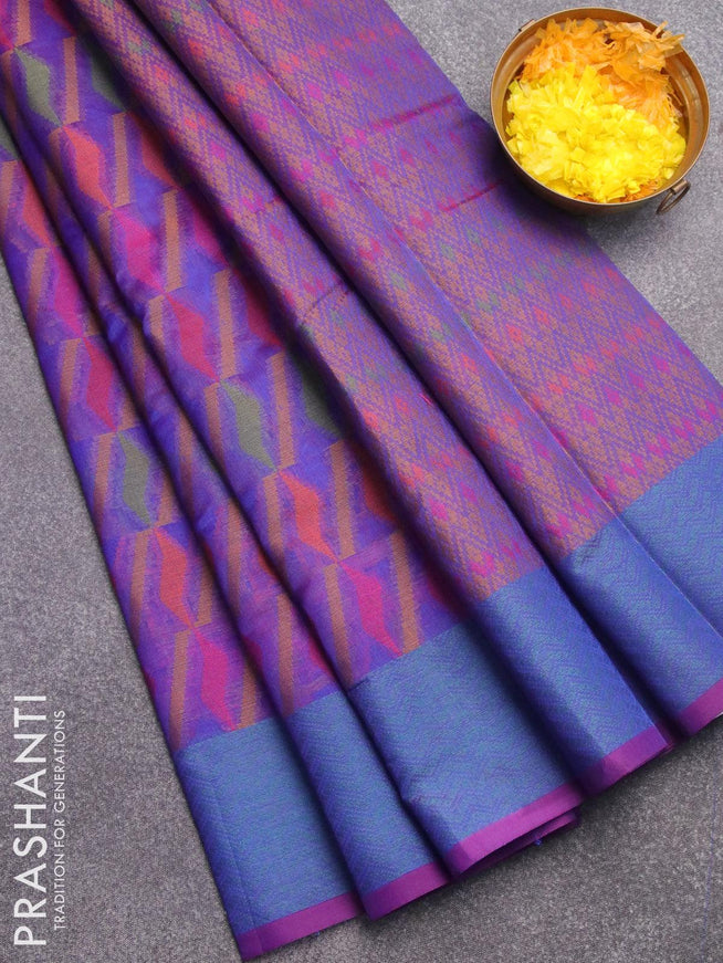 Semi chanderi saree dual shade of blue and deep purple with allover thread weaves and woven border - {{ collection.title }} by Prashanti Sarees