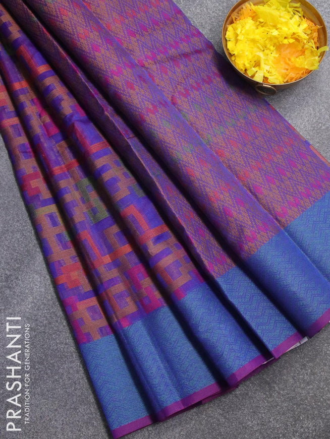 Semi chanderi saree dual shade of blue and deep purple with allover thread weaves and woven border - {{ collection.title }} by Prashanti Sarees