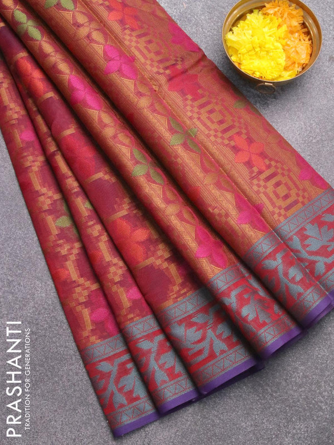 Semi chanderi saree dual shade of maroon and blue with allover thread weaves and woven border - {{ collection.title }} by Prashanti Sarees