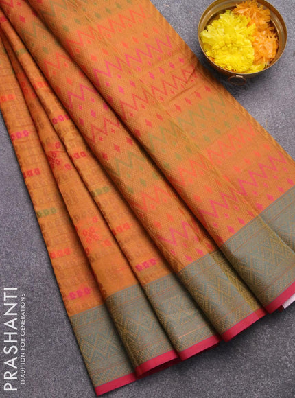 Semi chanderi saree dual shade of mustard yellow and pink shade with allover thread weaves and woven border - {{ collection.title }} by Prashanti Sarees