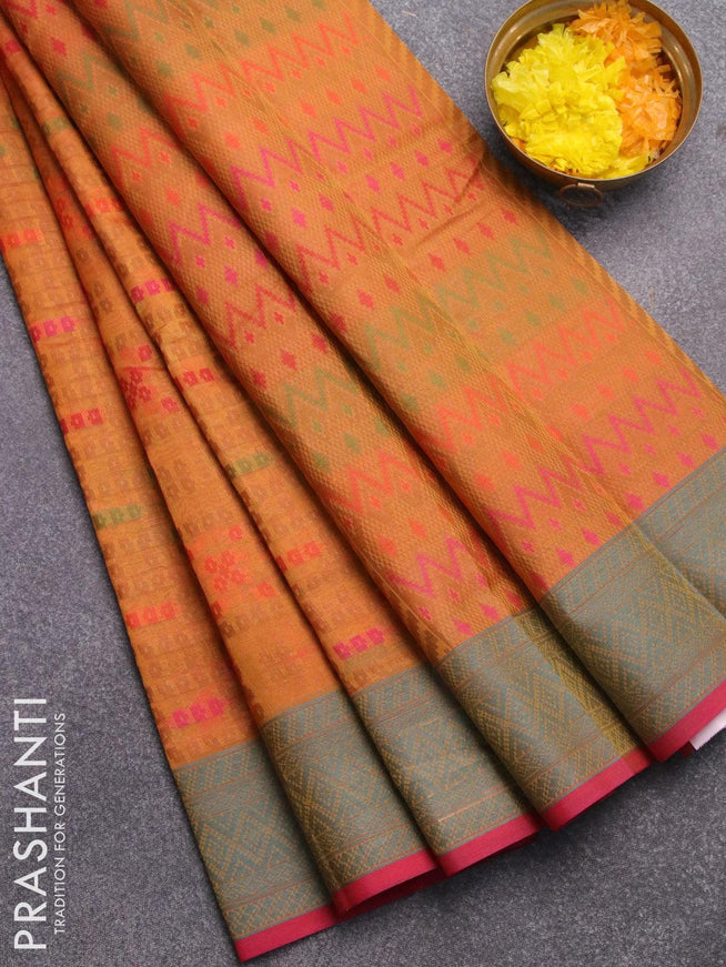 Semi chanderi saree dual shade of mustard yellow and pink shade with allover thread weaves and woven border - {{ collection.title }} by Prashanti Sarees